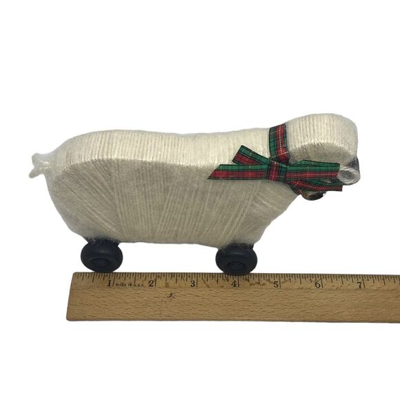 Primitive Wooly Lamb Sheep Holiday Figurine on Wheels Wood Body Bell Bow Vintage - Picture 12 of 15